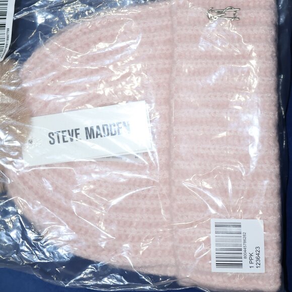 NEW Steve Madden Fuzzy Ribbed Knit Satin-Lined Beanie with Pom Winter Hat - Picture 3 of 7